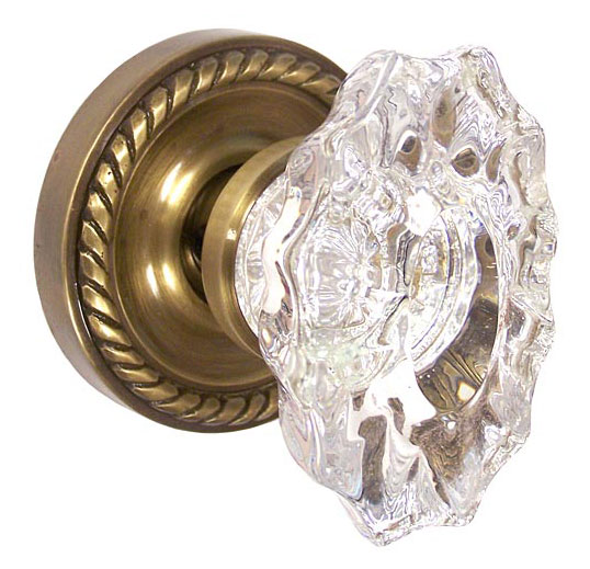 Door Knobs |   Savannah Clear Crystal Door Knobset w/Charleston Rope Rosette Door Brass-Antique/Brass-Polished/Nickel-Satin/Oil Rubbed Bronze