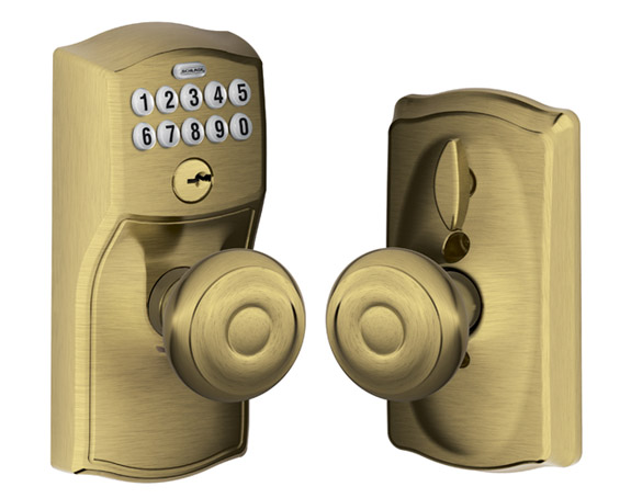 Electronic & Pushbutton Locks |   FE595 Keypad Entryset with Flex-Lock – w/Camelot Trim and Georgian Knob Door Brass-Antique/Nickel-Satin