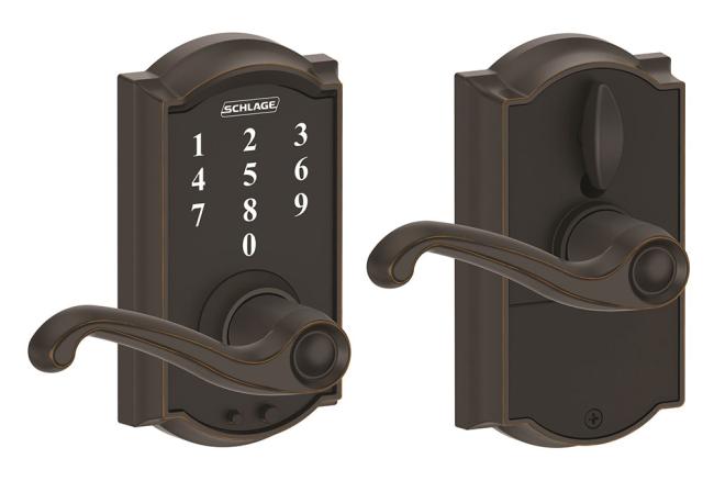 Electronic & Pushbutton Locks |   Touch™ FE695 Keyless Touchscreen Lockset – w/Camelot Trim and Flair Lever Door Brass-Antique/Brass-Polished/Bronze-Aged/Chrome-Satin/Nickel-Satin