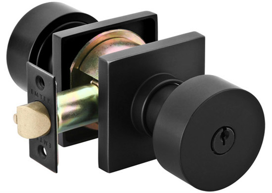 Key In Locks, Knobs & Levers |   Modern Round Keyed Door Knobset w/Square Rosette Door Black-Flat/Brass-Satin/Chrome-Polished/Nickel-Polished/Nickel-Satin/Oil Rubbed Bronze