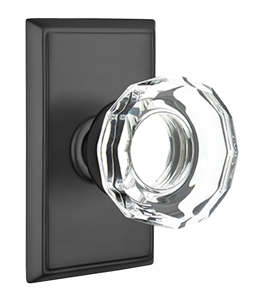 Door Knobs |   Lowell Clear Glass Door Knobset w/Rectangular Rosette Door Black-Flat/Brass-Polished - Lifetime/Brass-Satin/Brass-Unlacquered/Chrome-Polished/French Antique/Nickel-Polished/Nickel-Satin/Oil Rubbed Bronze/Pewter