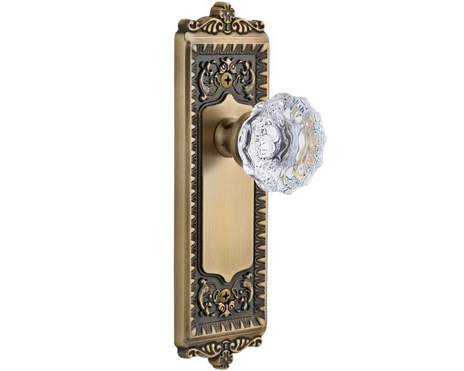 Door Knobs |   Fontainebleau Crystal Door Knobset Decorative Side Plates Brass-Antique/Brass-Polished/Bronze-Timeless/Nickel-Satin/Pewter-Antique